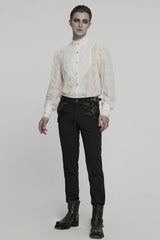 White Stand Collar Chiffon Long Sleeves Hollow Embroidery Men's Gothic Blouse - Product - 4