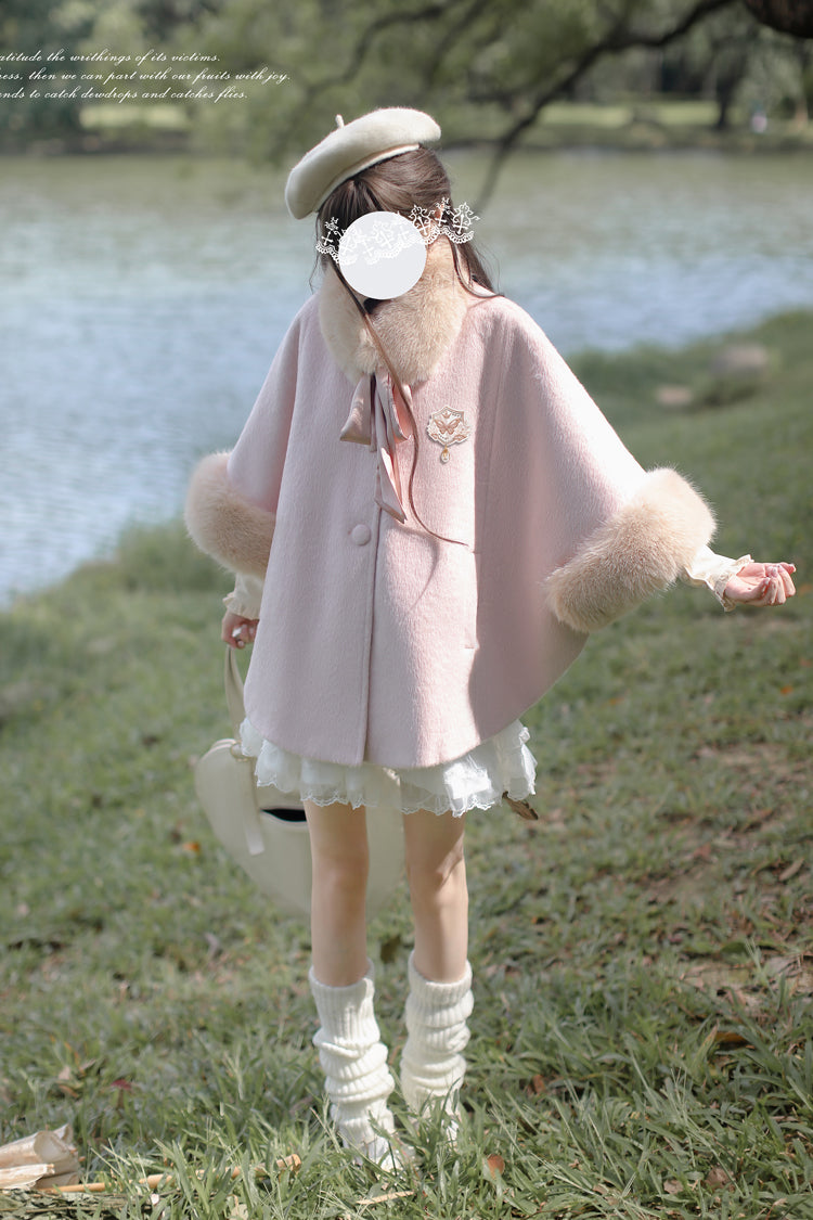 Pink Long Sleeves Lace Sweet Japanese Lolita Fluffy Cloak Coat - Product - 5