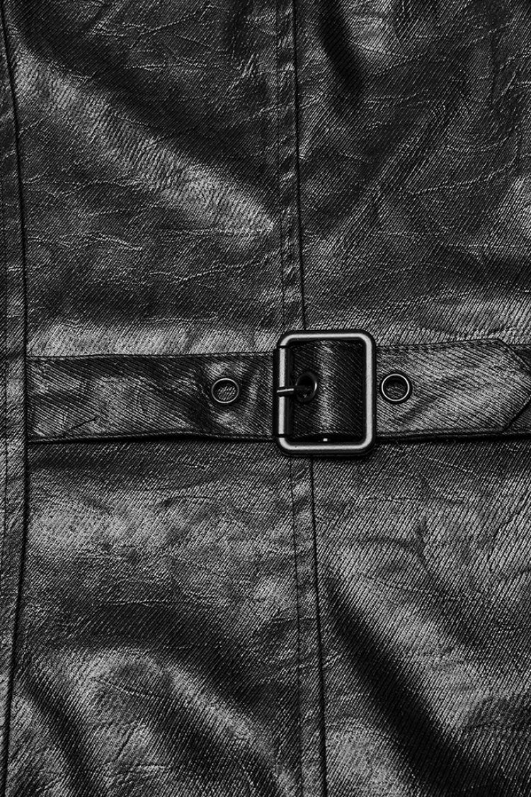 Black Long Sleeves Ruched Faux Leather Stitching Hooded Detachable Men's Punk Coat - Product - 8