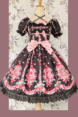 [Strawberry Chef] Short Sleeves Print Bowknot Lace Sweet Lolita Dress 4 Colors - Black - 9