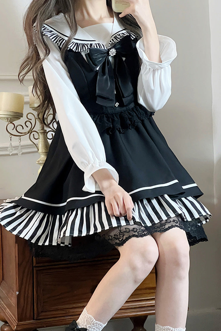 Black [Twilight Song] Stripe Print Bowknot Lace Jirai Kei Jumper Dress - Product - 10