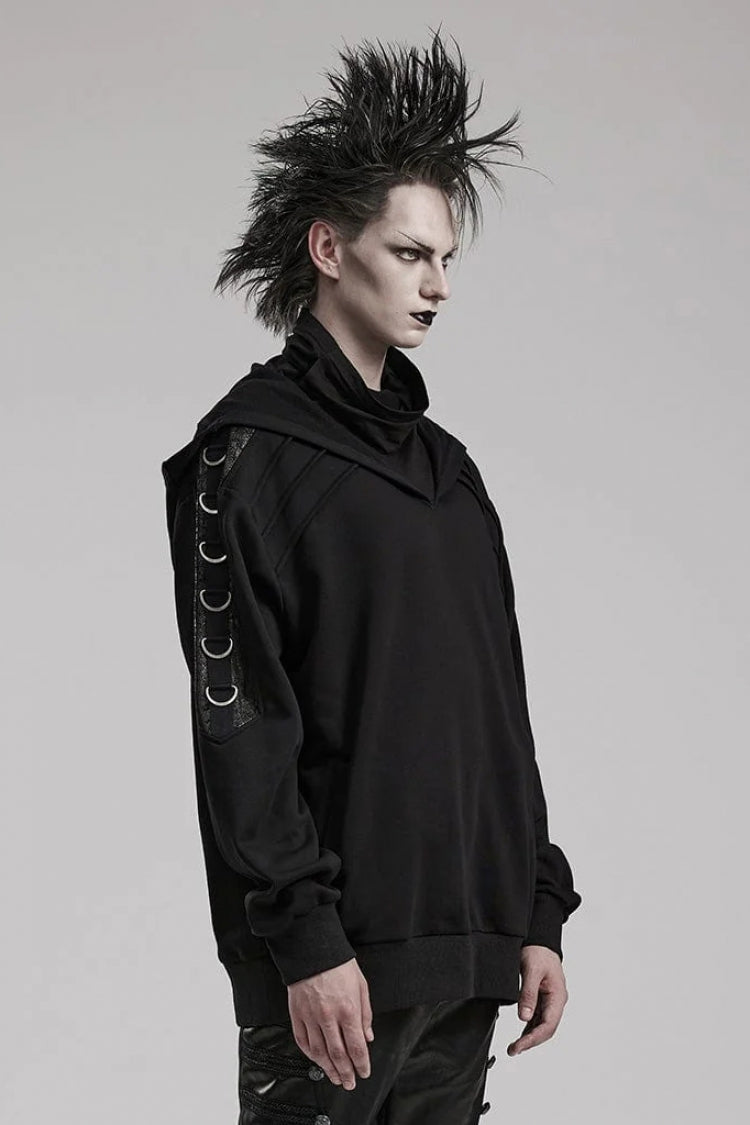 Black High Collar Long Sleeves Stitching Hooded Mens Steampunk Jacket - Product - 2