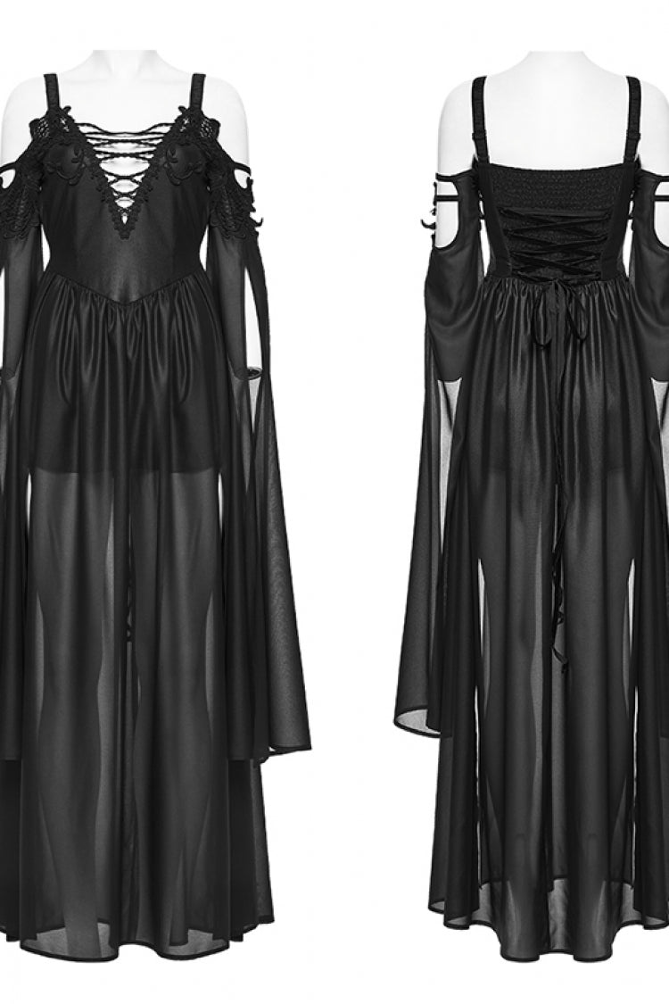 Black Off Shoulder Long Sleeves Embroidered Lace-Up Women's Gothic Elegant Dress Wedding Dress - Product - 9