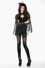 Black Women's Gothic Floral Decal Fishnet Mesh Patchwork Velvet Leggings - Black - 1