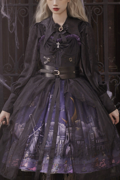 Black Witch Town Print With Veil Gothic Lolita JSK Dress - Black - 1