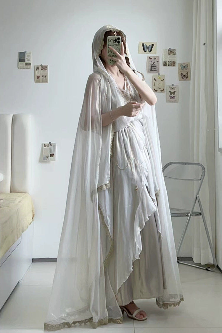 White [Angel of Judgment] Greek-Inspired V Collar Sleeveless Ruffled Embroidered Asymmetric Sweet Lolita Jsk Dress Set - Product - 9