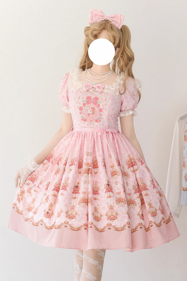 Pink Rose Garden Rabbit Print Ruffle Bowknot Sweet (Multiple Configurations) front view