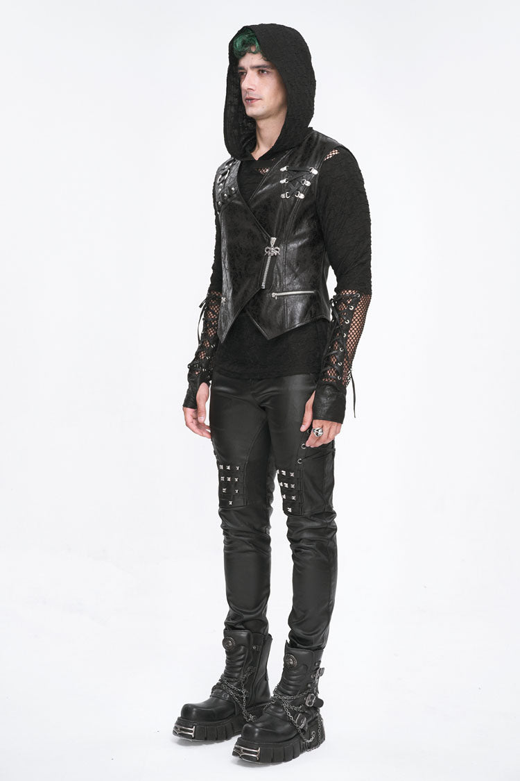 Black Zipper Faux Leather Men's Punk Waistcoat - Product - 6