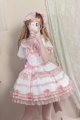 White/Pink [Layered Peach Ice] Short Sleeves Ruffle Bowknot Lace Sweet Lolita Dress - Product - 5