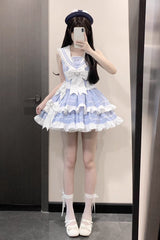 Light Blue Navy Style Sleeveless Double Layer Ruffle Bowknot Lace Sweet Lolita Dress - Product - 8