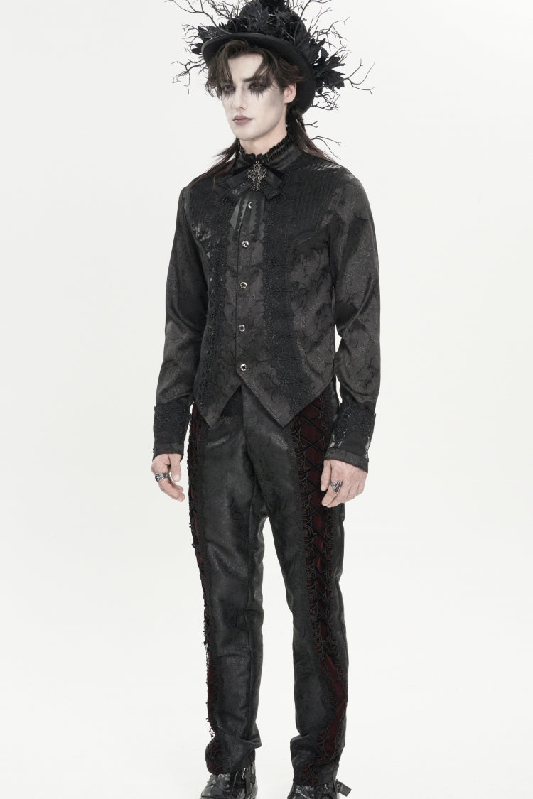 Black Stand Collar Long Sleeves Jacquard Embroidered Bow Lace Men's Gothic Palace Shirt - Product - 5