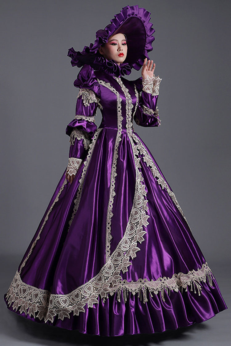 Purple Long Sleeves High Collar High Waisted Cardigan Ruffled Victorian Lolita Prom Dress - Product - 3