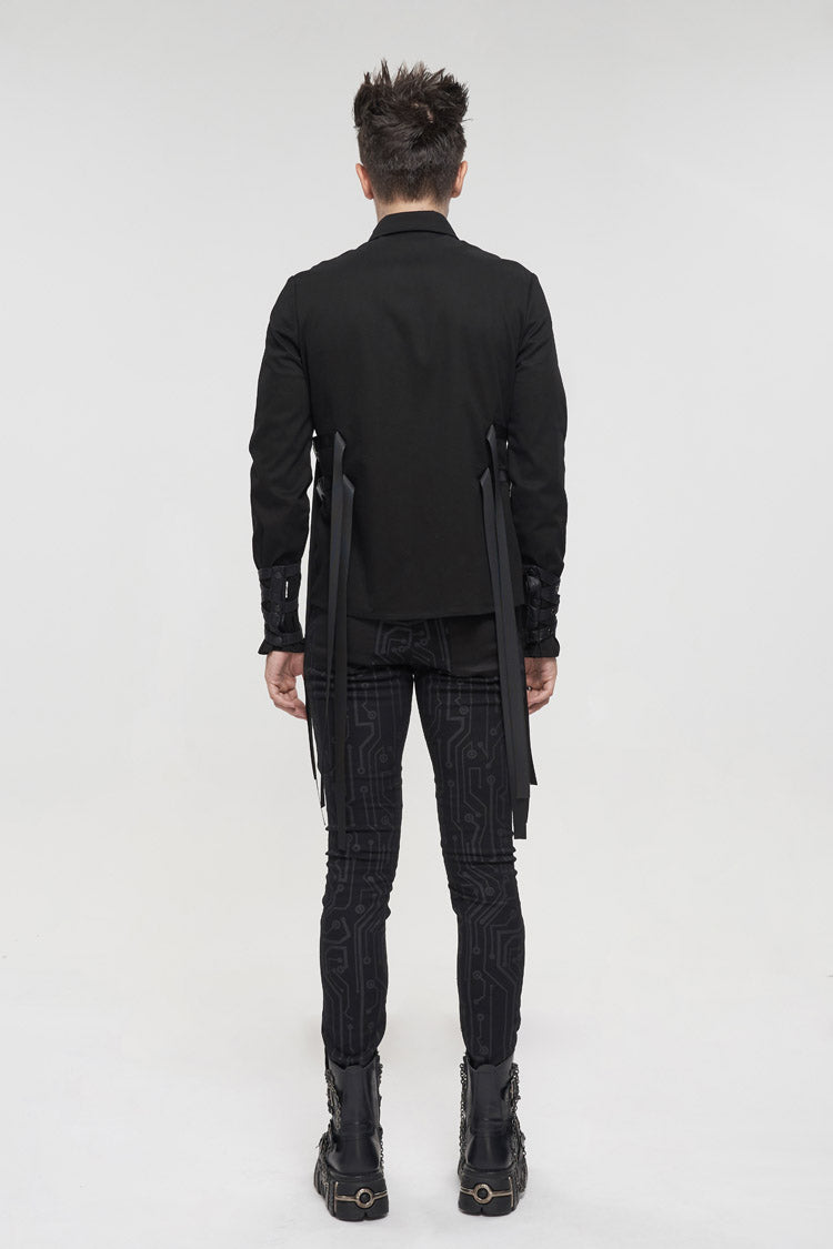 Black Nylon Strap Metal Buckle Decoration Long Sleeve Elasticity Men's Punk Shirt - Product - 6
