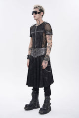 Black Printed Spliced Lace-Up Pleated Chain-Decorated Men's Punk Skirt - Product - 4
