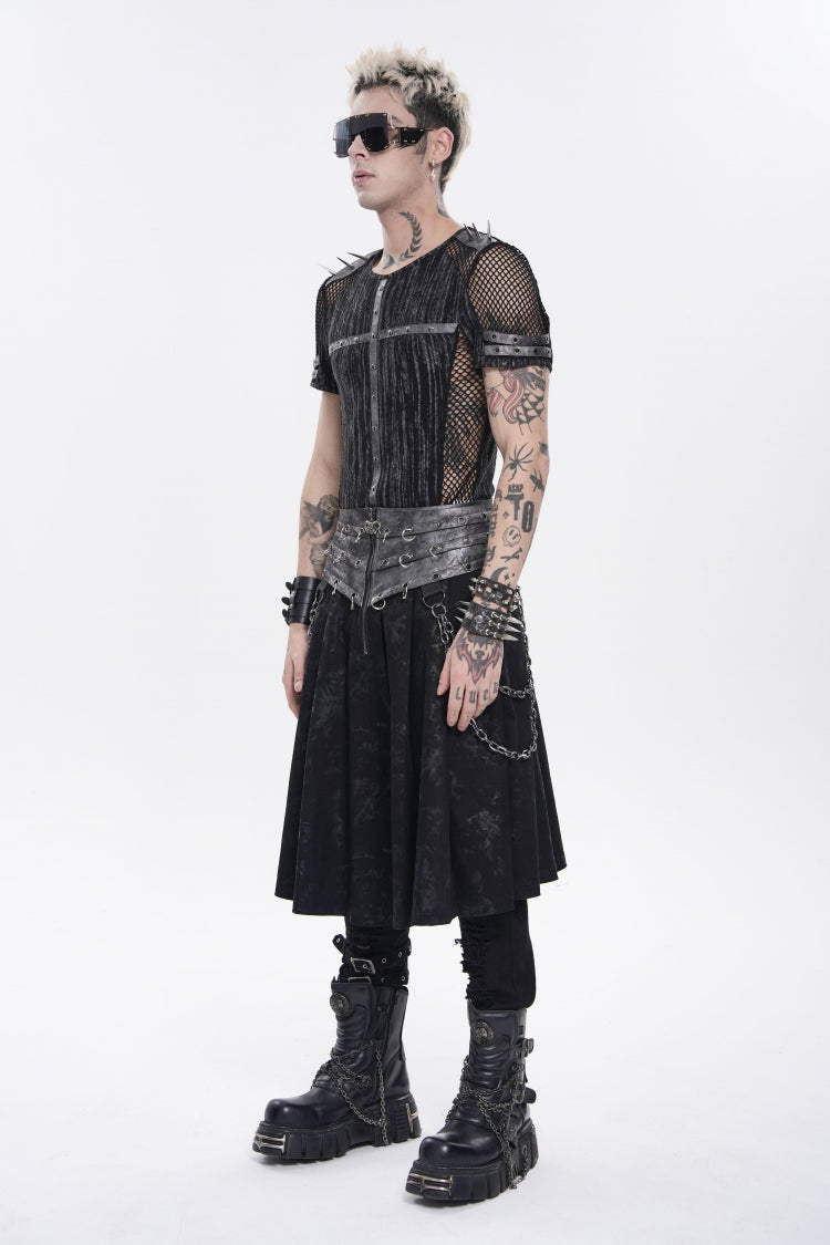 Black Printed Spliced Lace-Up Pleated Chain-Decorated Men's Punk Skirt - Product - 4