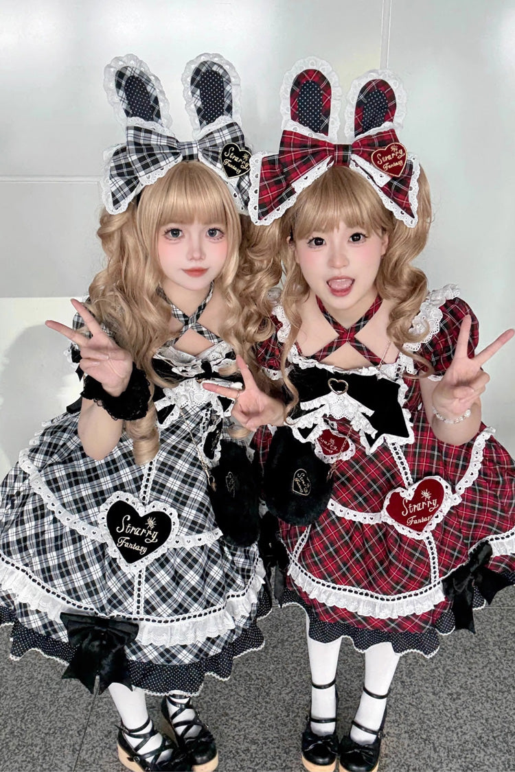 Red [Shibuya Sweetheart] Short Sleeves Plaid Print Ruffle Bowknot Sweet Lolita OP Dress (Plus Size Support) - Product - 7
