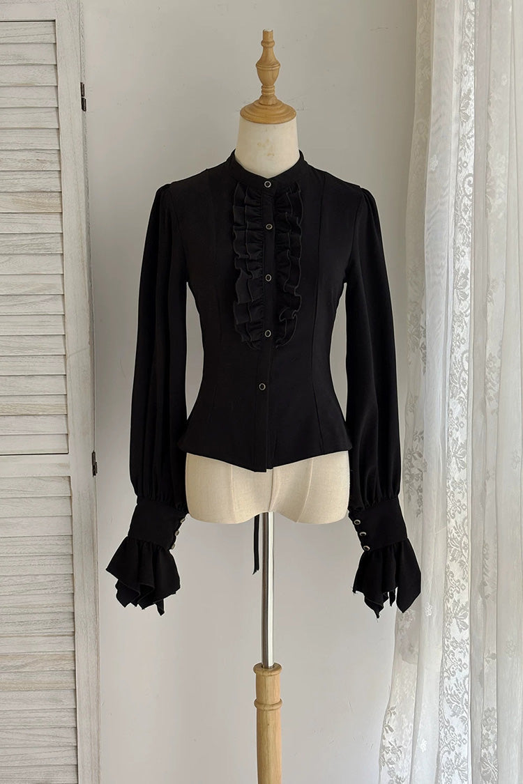 Black [Point Manor] Multi-Layered Striped Printed Ruffled Lifted Hem Bow Gothic Lolita Skirt - Black-Solid-Blouse(Only) - 15