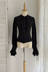 Black [Point Manor] Multi-Layered Striped Printed Ruffled Lifted Hem Bow Gothic Lolita Skirt - Black-Solid-Blouse(Only) - 15