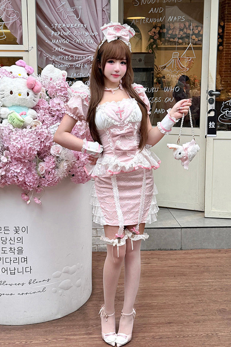 Pink [Little Nurse] Square Collar Short Sleeves Jacquard Ruffled Embroidered Bow Lace Chinese Style Sweet Lolita Skirt Set - Product - 2