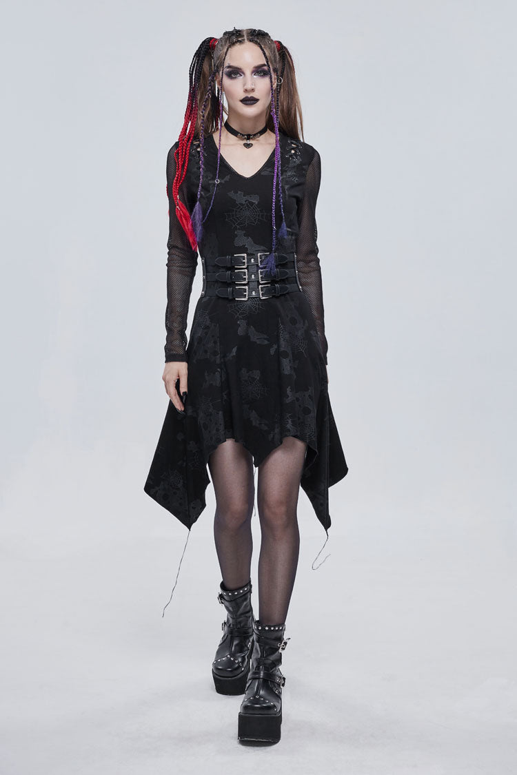 Black Shoulder Cutout Tie Rope V Neck Pattern Print Decorative Women's Gothic Dress - Product - 2