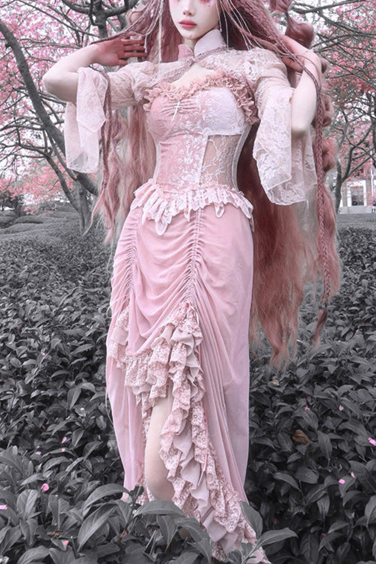 Pink Cherry Nightmare V Collar High Waisted Gothic Lolita JSK Dress - Pink - 1
