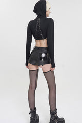 Black Punk Long Sleeve Knitted Chest Mesh Perspective Back Drawstring Adjustment Hoodie Women's Shirt - Product - 10