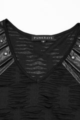 Black Short Sleeves Jacquard Faux Leather Stitching Ripped Rivet Men's Punk T-Shirt - Product - 5