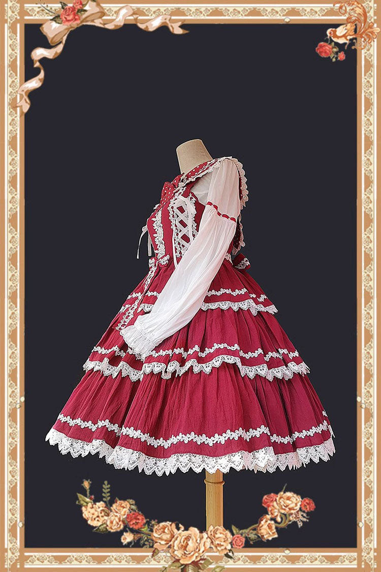 Red/White Three-section Cake Sleeveless Ribbon Sweet Lolita Tiered Dress - Product - 7
