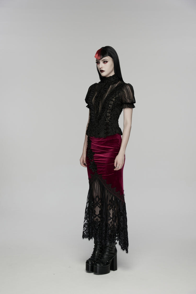 Black/Red Embroidered Lace Slim Women's Gothic Fishtail Velvet Skirt - Product - 4