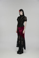 Black/Red Embroidered Lace Slim Women's Gothic Fishtail Velvet Skirt - Product - 4