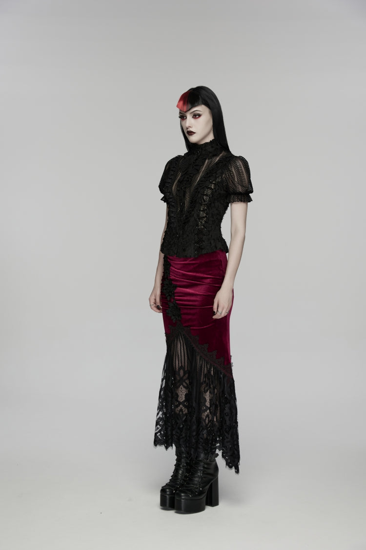 Black/Red Embroidered Lace Slim Women's Gothic Fishtail Velvet Skirt - Product - 4