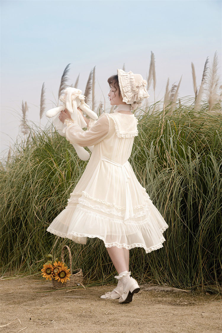 Ivory [Sunflower Diary] Long Sleeves Ruffle Embroidery Bowknot Lace Chiffon Sweet Princess Lolita Dress - Product - 8