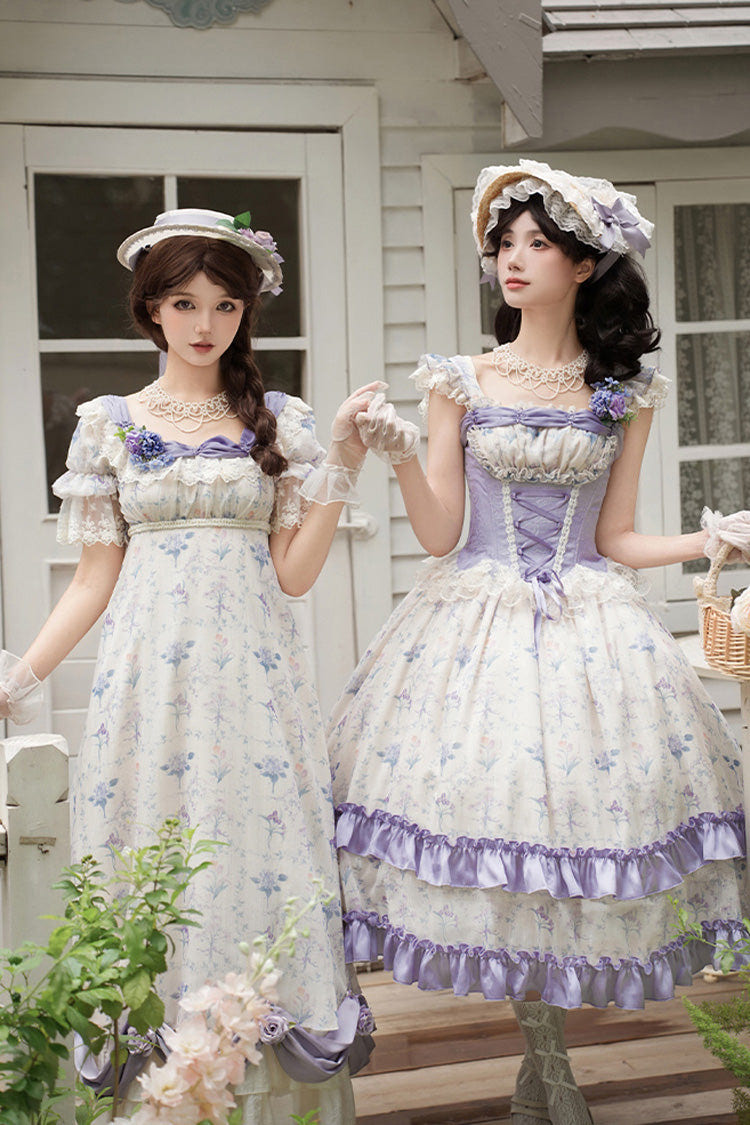 Purple/Ivory [Iris Secrets] Double-Layered Print Ruffle Bowknot Lace-Up Fake Two Pieces Sweet Lolita Jsk Dress - Product - 5