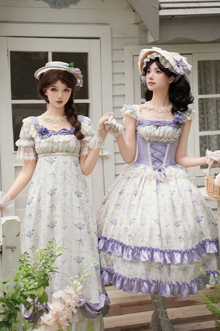 Purple/Ivory [Iris Secrets] Short Sleeves Double-Layered Print Ruffle Bowknot Lace-Up Sweet Lolita Dress - Product - 10
