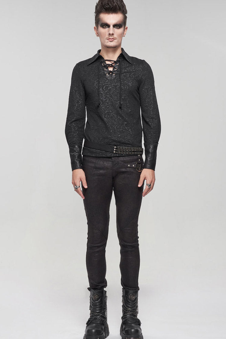 Black Gothic Pattern Decoration Tie Rope Design Knitted Elasticity Pullover Men's Shirt - Product - 12