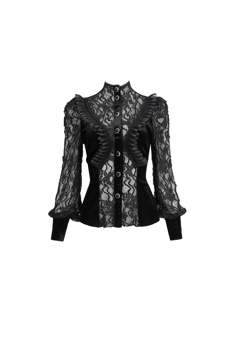 Black Velvet High Neck Lace Fake Bra Design Splicing Three-Dimensional Butterfly Mesh Women's Gothic Shirt - Product - 8