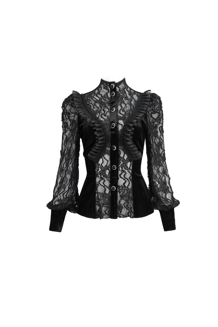 Black Velvet High Neck Lace Fake Bra Design Splicing Three-Dimensional Butterfly Mesh Women's Gothic Shirt - Product - 8