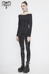 Black Printed Circuit Board Pattern Off-Shoulder Leather Strip Rivet Tight Women's Punk T-Shirt - Product - 4