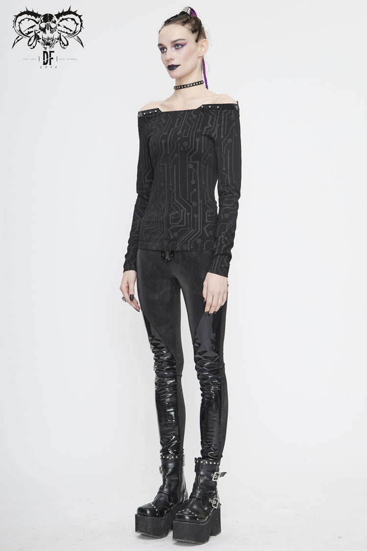 Black Printed Circuit Board Pattern Off-Shoulder Leather Strip Rivet Tight Women's Punk T-Shirt - Product - 4
