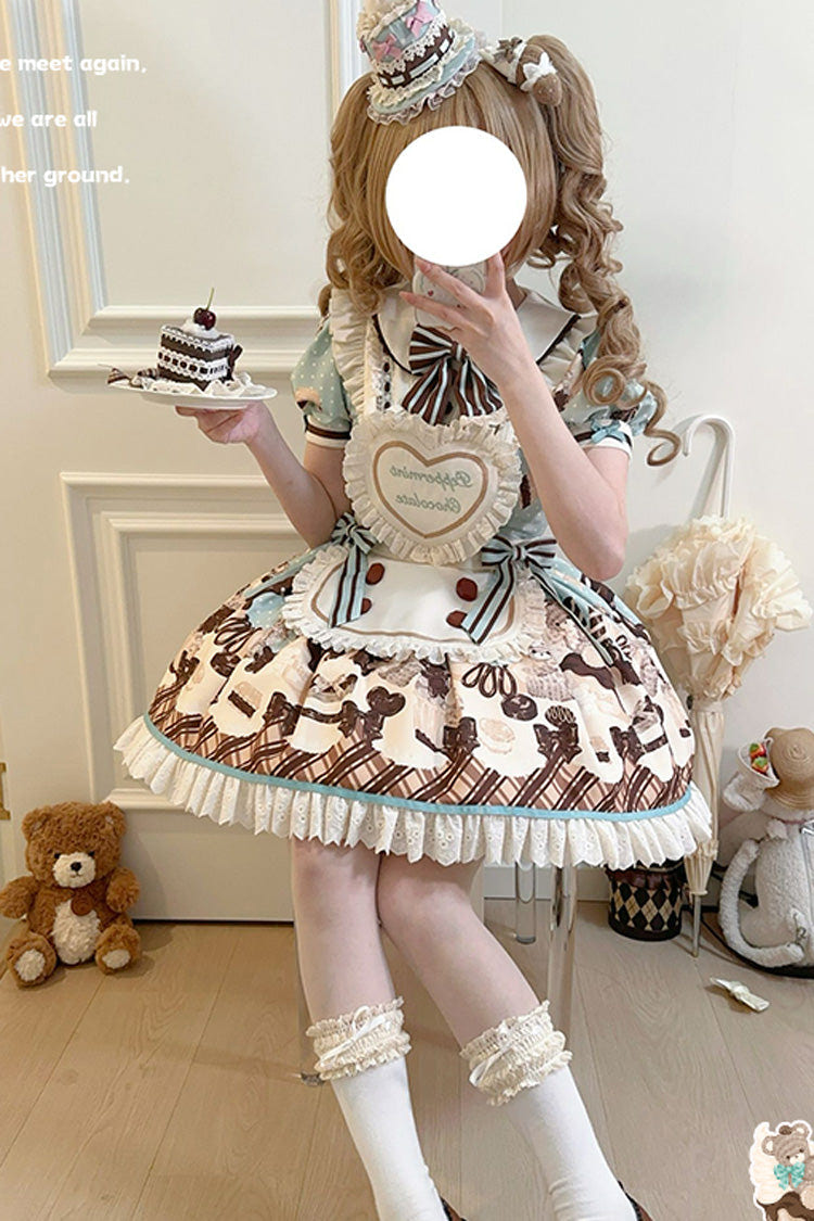 Brown [Peppermint Chocolate] Chocolate Cake Bear Print Ruffle Bowknot Lace-Up Sweet Lolita Dress - Product - 5