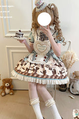 Brown [Peppermint Chocolate] Chocolate Cake Bear Print Ruffle Bowknot Lace-Up Sweet Lolita Dress - Product - 5