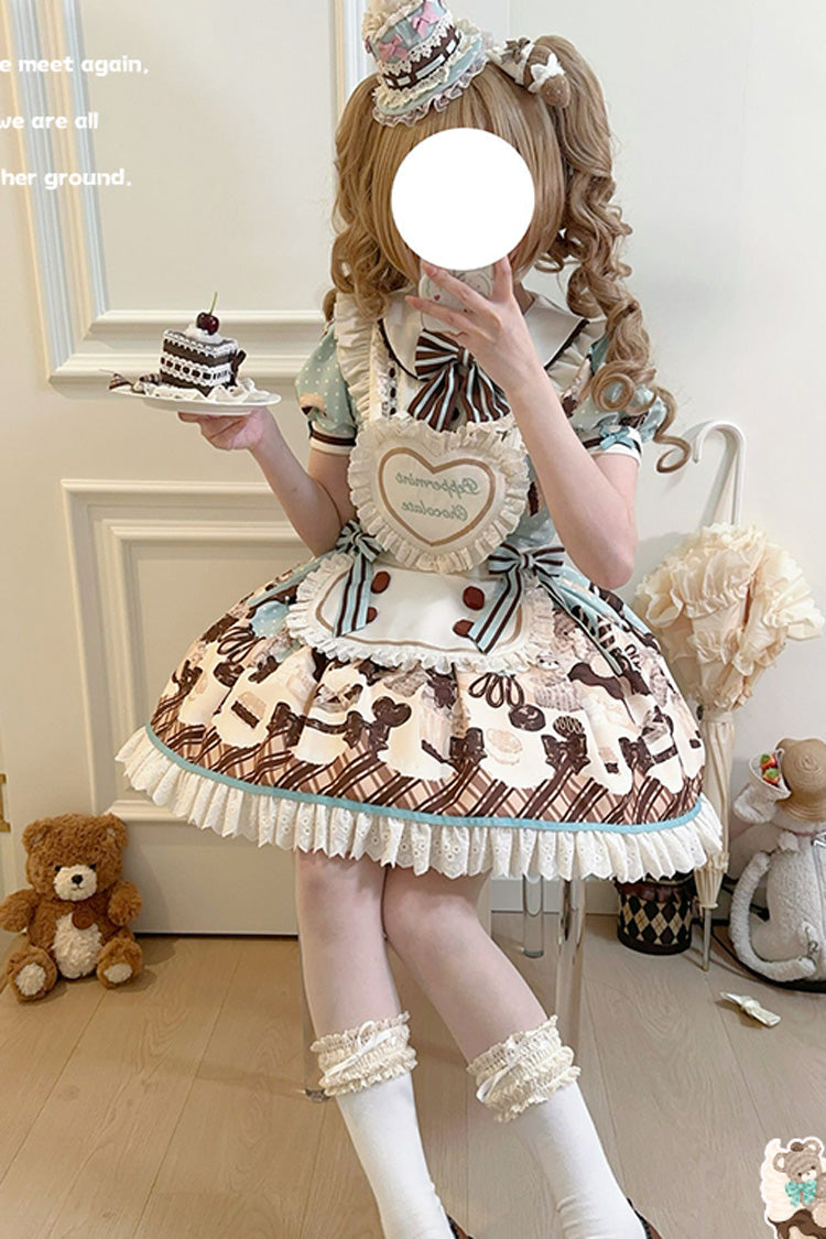 Brown [Peppermint Chocolate] Chocolate Cake Bear Print Ruffle Bowknot Lace-Up Sweet Lolita Dress - Product - 5