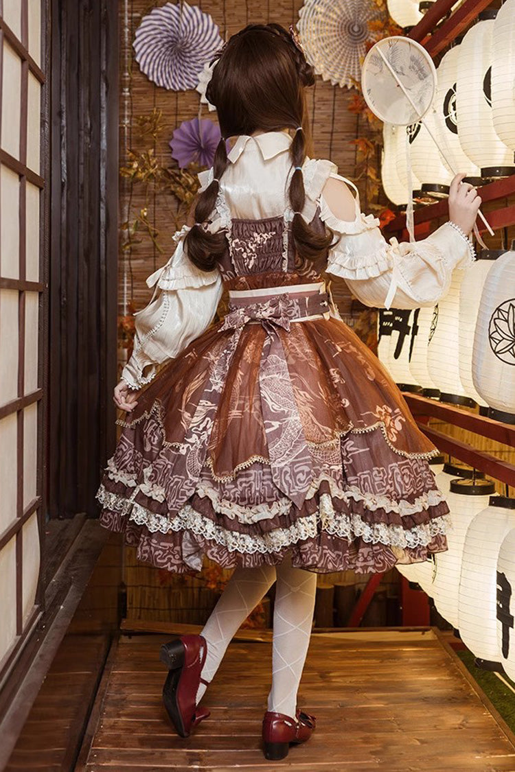 Brown [Yuelong Poetry] Print Ruffle Lace Sweet Chinese Style Lolita Jsk Dress - Product - 4
