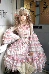 Pink [Rose Manor] Multi-Layered Ruffled Bow Lace Sweet Gorgeous Lolita Jsk Dress - Pink - 1