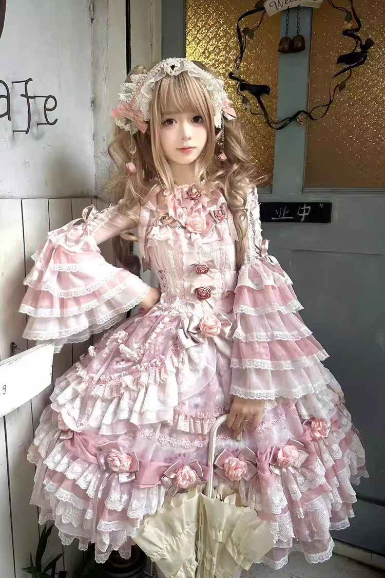 Pink [Rose Manor] Multi-Layered Ruffled Bow Lace Sweet Gorgeous Lolita Jsk Dress - Pink - 1