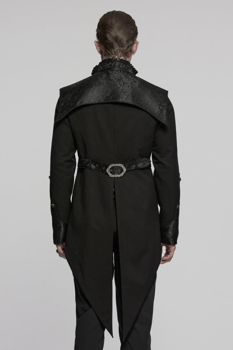 Black Stand Collar Long Sleeves Jacquard Stitching Swallow-tailed Men's Gothic Coat - Product - 3