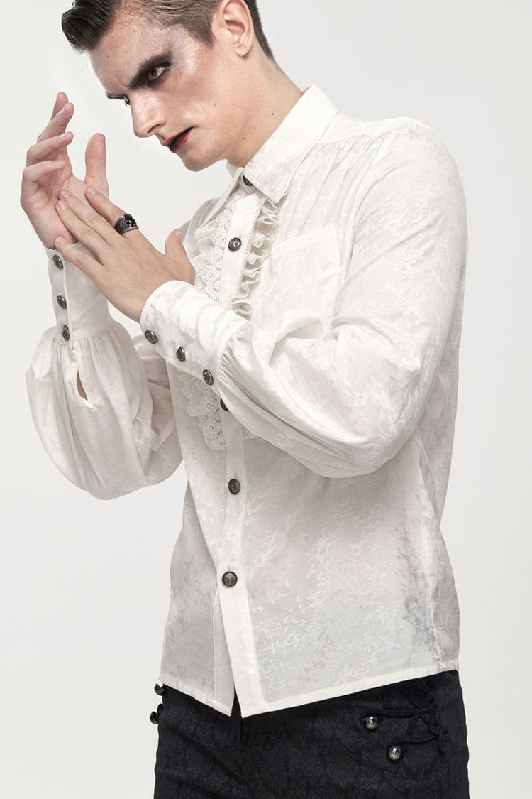 White Gothic Metal Pattern Buckle Long Sleeve Pleated Lace Lantern Shape Printing Pattern Men's Shirt - Product - 3