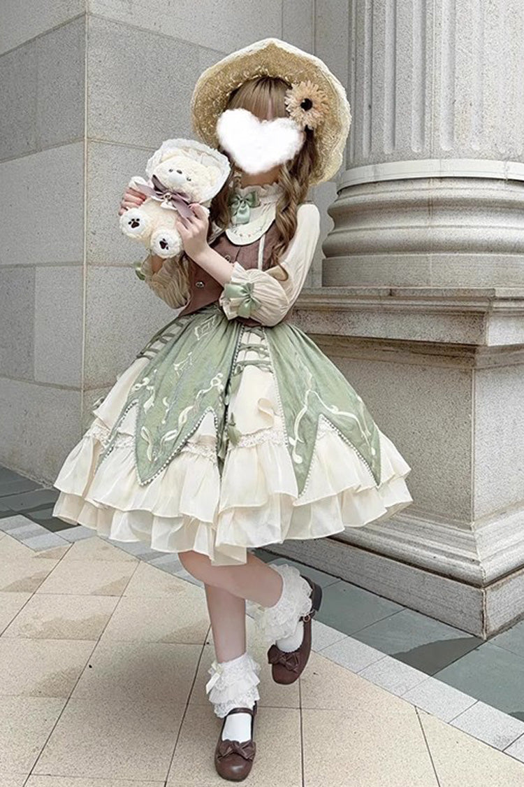 Green [The Wizard of Oz] Multi-Layered Print Ruffle Bowknot Sweet Lolita Dress Three Piece Set - Product - 2