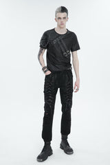 Black Vintage Print Buckle Splice Faux Leather Men's Punk T-Shirt - Product - 2