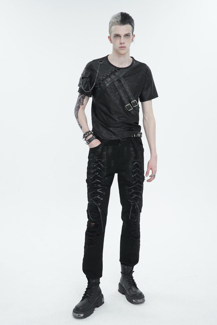 Black Vintage Print Buckle Splice Faux Leather Men's Punk T-Shirt - Product - 2